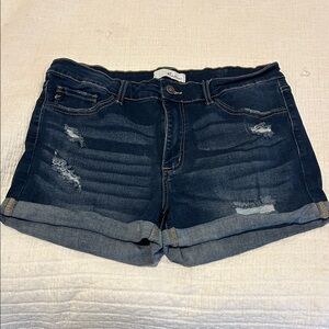 KanCan Dark Wash Rolled Cuff Distressed Jean Shorts